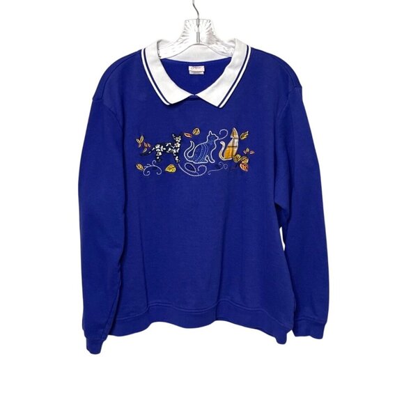 Vintage 90’s Adiran Delafield Womens Blue Sweatshirt with Embroidered Cats Sz 2X - Picture 1 of 7